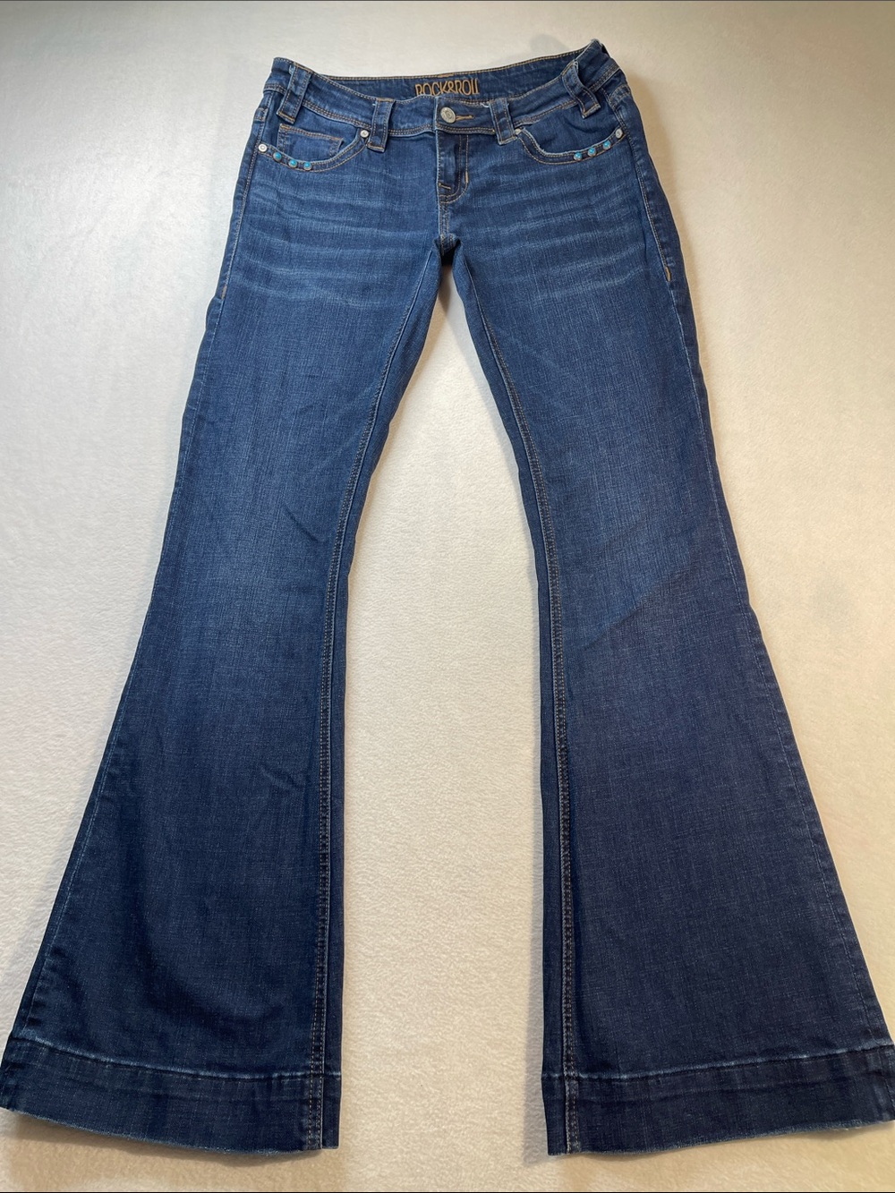 ROCK&ROLL Women's Dark Blue Flared Jeans with TURQUOISE Stud Detail SIZE 28X34